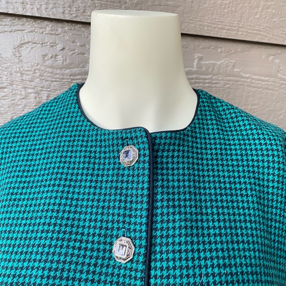 Vintage Wool Dress Houndstooth Pattern Black Green Long Sleeve Tailored M - Picture 13 of 15